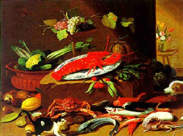 Stilleben Von Feldfruchten, Hummer, Fischen Mit Einem Hund - view 1