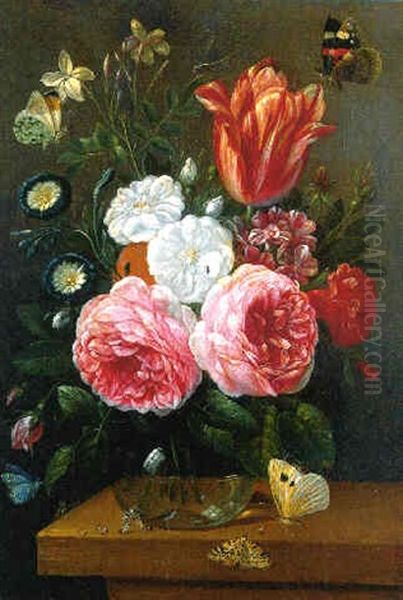 Roses And Other Flowers In A Glass Vase On A Table With Assorted Insects - view 1