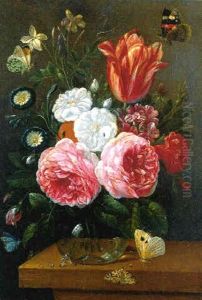 Roses And Other Flowers In A Glass Vase On A Table With Assorted Insects