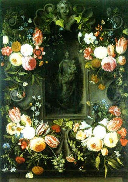 Swags Of Tulips, Roses And Other Flowers Decorating A Stone Cartouche With A Relief Of The Virgin And Child - view 1