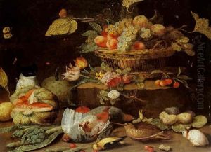 Still Life Of Fruit In A Basket On A Stone Ledge With A Melon, Figs, A Cat, A Hamster, Dead Game And Flowers