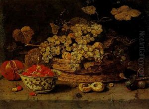 Still Life Of Grapes In A Basket, A Melon, Pomegranate, Figs, And Wild Strawberries In A Blue And White Porcelain Bowl by Jan van Kessel the Elder
