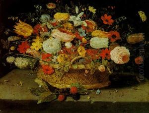 Still Life Of Flowers In A Basket, On A Stone Ledge, With Blackberries And Other Flowers