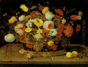 Still Life Of Flowers In A Basket, On A Stone Ledge, With Fruit And Other Flowers