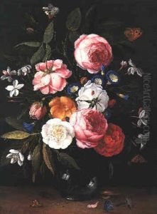 A Still Life Of Roses, Orange Blossom, Jasmine And Convolvulus In A Glass Vase On A Stone Ledge With A Caterpillar, Dragonfly And Butterflies