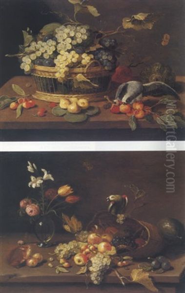 Still Life Of Grapes And Plums In A Basket With Other Fruit And A Parrot, All On A Table - view 1