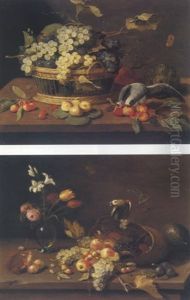 Still Life Of Grapes And Plums In A Basket With Other Fruit And A Parrot, All On A Table