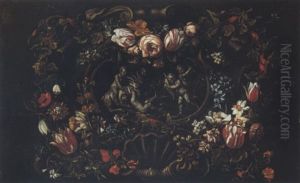 Garland Of Flowers Enclosing Putti En Grisaille, Playing With A Goat
