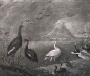 Cigogne Et Autres Oiseaux Dans Un Paysage De Lacs by Jan van Kessel the Elder