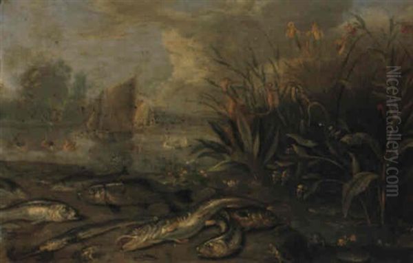 Herons And Waterfowl Near A River With Fish And Reptiles In The Foreground - view 1