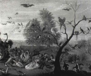 Assembly Of Birds In A Landscape by Jan van Kessel the Elder