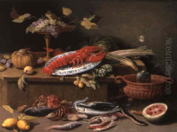 Homard Et Plat De Raisin Sur Un Entablement - view 1
