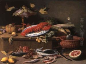 Homard Et Plat De Raisin Sur Un Entablement