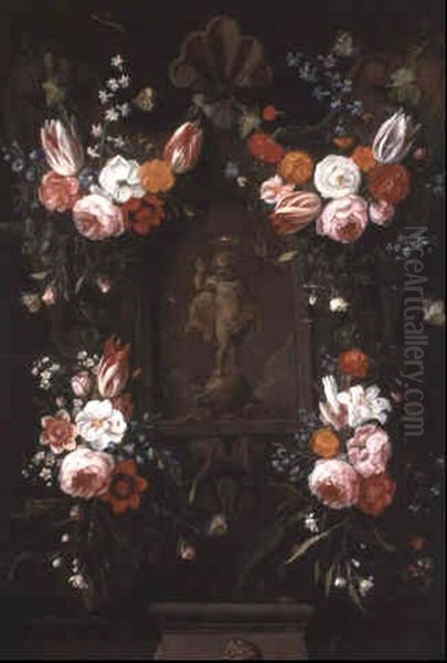 Swags Of Tulips And Other Flowers On A Stone Cartouche With Insects - view 1