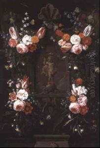 Swags Of Tulips And Other Flowers On A Stone Cartouche With Insects Swags Of Tulips And Other Flowers On A Stone Cartouche With Insects