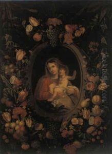 Blumen- Und Fruchtegirlande Um Eine Kartusche, Madonna Mit Kind