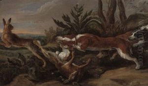 Hounds Chasing Hares In A Landscape by Jan van Kessel the Elder