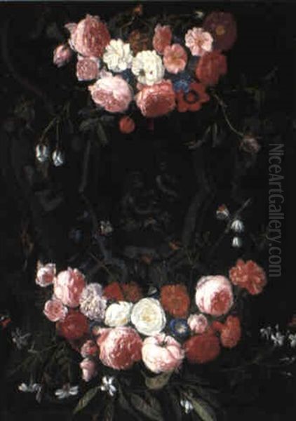 Cartouche With Putti Adorned With Swags Of Flowers - view 1