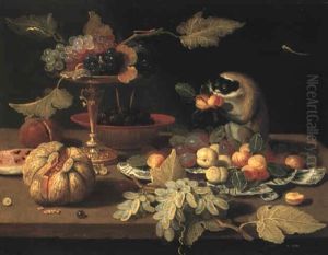 Grapes In A Tazza, Raspberries And Fruit With A Monkey On A Table by Jan van Kessel the Elder