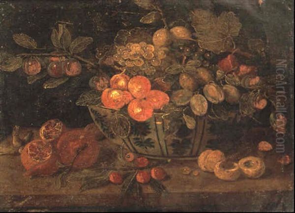 Fruits Dans Une Coupe En Porcelaine De Chine, Fleurs Dans Un Vase, Figues Sur Un Entablement Avec Un Ecureuil - view 1