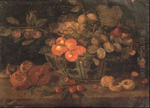 Fruits Dans Une Coupe En Porcelaine De Chine, Fleurs Dans Un Vase, Figues Sur Un Entablement Avec Un Ecureuil by Jan van Kessel the Elder