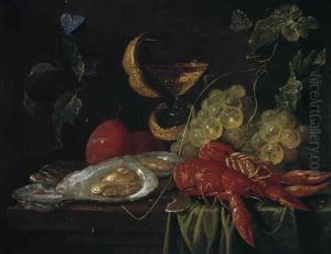Still Life With A Lobster, A Glass Of Wine, Grapes, Oysters, Plums, A Lemon Rind, On A Table...