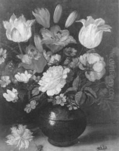 Carnations, Tulips, Cornflowers And Other Flowers In An Urn On A Ledge With A Carnation And Beetles by Jan van Kessel the Elder