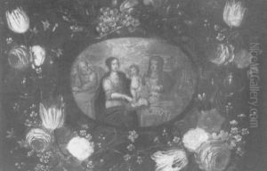 The Holy Family With Saint Anne In A Cartouche With Swags Of Fruit And Flowers