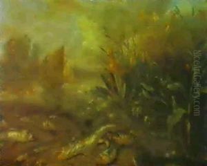 Fish On The Banks Of A River With Herons, Frogs, Swans And  Other Animal