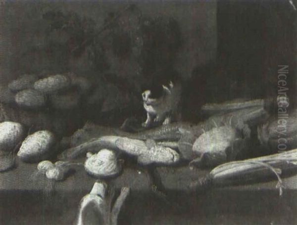 Still Life With Two Lemons, Oysters, Grapes, Vegetables, Fish, A Cat And Dog - view 1