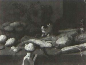 Still Life With Two Lemons, Oysters, Grapes, Vegetables,    Fish, A Cat And Dog