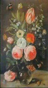 A Still-life Of Roses, A Tulip And Other Flowers In A Glass Vase by Jan van Kessel the Elder