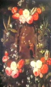 Garlands Of Flowers Encircling A Cartouche Depicting The    Annunciation