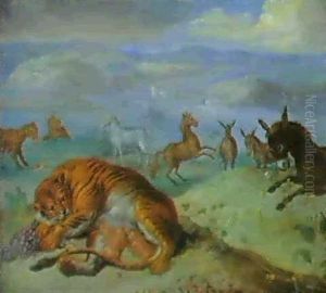 (2) A Lioness Suckling Her Cubs, Zebras, Leopards And Other Beasts... - Bears And Other Animals In A Landscape...
