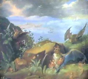 (2) Bats In A Stormy Landscape, With A City On An Estuary   Beyond - Monkeys And Giraffes And Other Beasts....