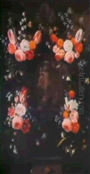 Swags Of Flowers Surrounding An Ornately Covered Stone      Cartouche With The Christ Child As Salvator Mundi - view 1