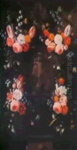 Swags Of Flowers Surrounding An Ornately Covered Stone Cartouche With The Christ Child As Salvator Mundi by Jan van Kessel the Elder
