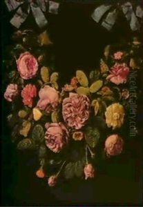 A Swag Of Roses Suspended From Blue Ribbons