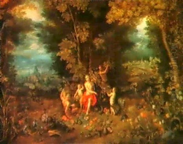 Waldlandschaft Mit Pomona, Einem Satyr Und Putten,im Vordergrund Feldfruchte Und Blumen... - view 1