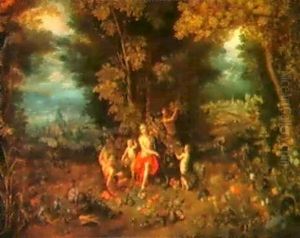 Waldlandschaft Mit Pomona, Einem Satyr Und Putten,im Vordergrund Feldfruchte Und Blumen...