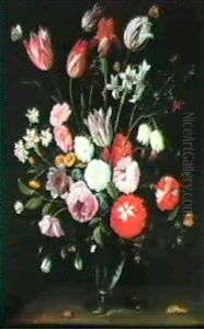 Flowers In A Glass Vase, With A Caterpillar And A Beetle On A Ledge