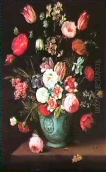 Flowers In A Chinese Transitional Blue And White Jardiniere, With Moths And Other Insects On A Ledge - view 1