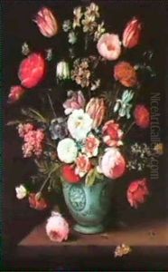 Flowers In A Chinese Transitional Blue And White            Jardiniere, With Moths And Other Insects On A Ledge by Jan van Kessel the Elder