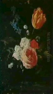 Roses Et Tulipe Dans Un Vase De Verre by Jan van Kessel the Elder