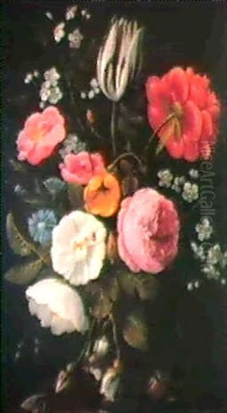 Roses, Pivoine, Tulipe, Fleursde Cerisier Et Centauree Dans Un Vase Translucide - view 1