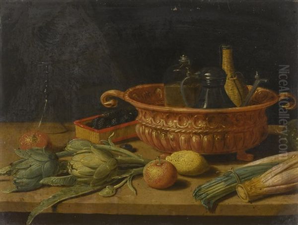 Still Life Of Fruit, Vegetables, A Copper Pot And Other Objects On A Table - view 1