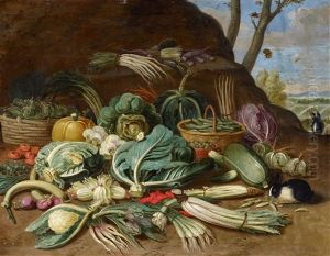 Still Life With Vegetables And A Rabbit Still Life With Fish And Cats In The Kitchen by Jan van, the Younger Kessel