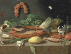 Carp In A Terracotta Dish, With Oysters, Asparagus, Cabbage, Onions, A Lemon And Other Fish And Vegetables, With A Butterfly, A Cat And Dog, On A Ledge