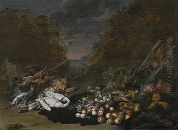 A Still Life Of A Swan And Other Birds, With Rabbits, Fruit And Vegetables And A Landscape Beyond - view 1