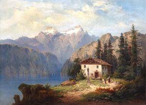 Alpine Lake Landscape With Figures Before A Cottage On A Bank